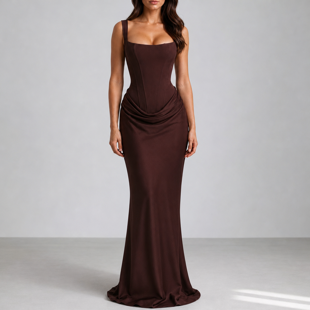 Kythnos Corset Ruched Maxi Dress in Brown
