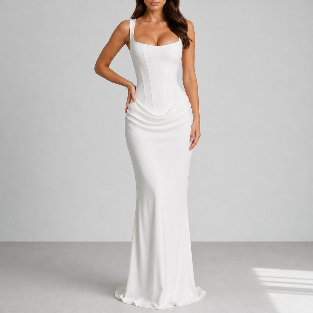 Kythnos Corset Ruched Maxi Dress in White