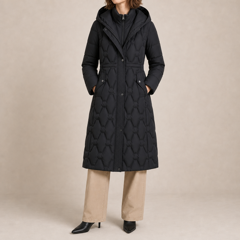 Larnaca Quilted Longline Hooded Coat in Black