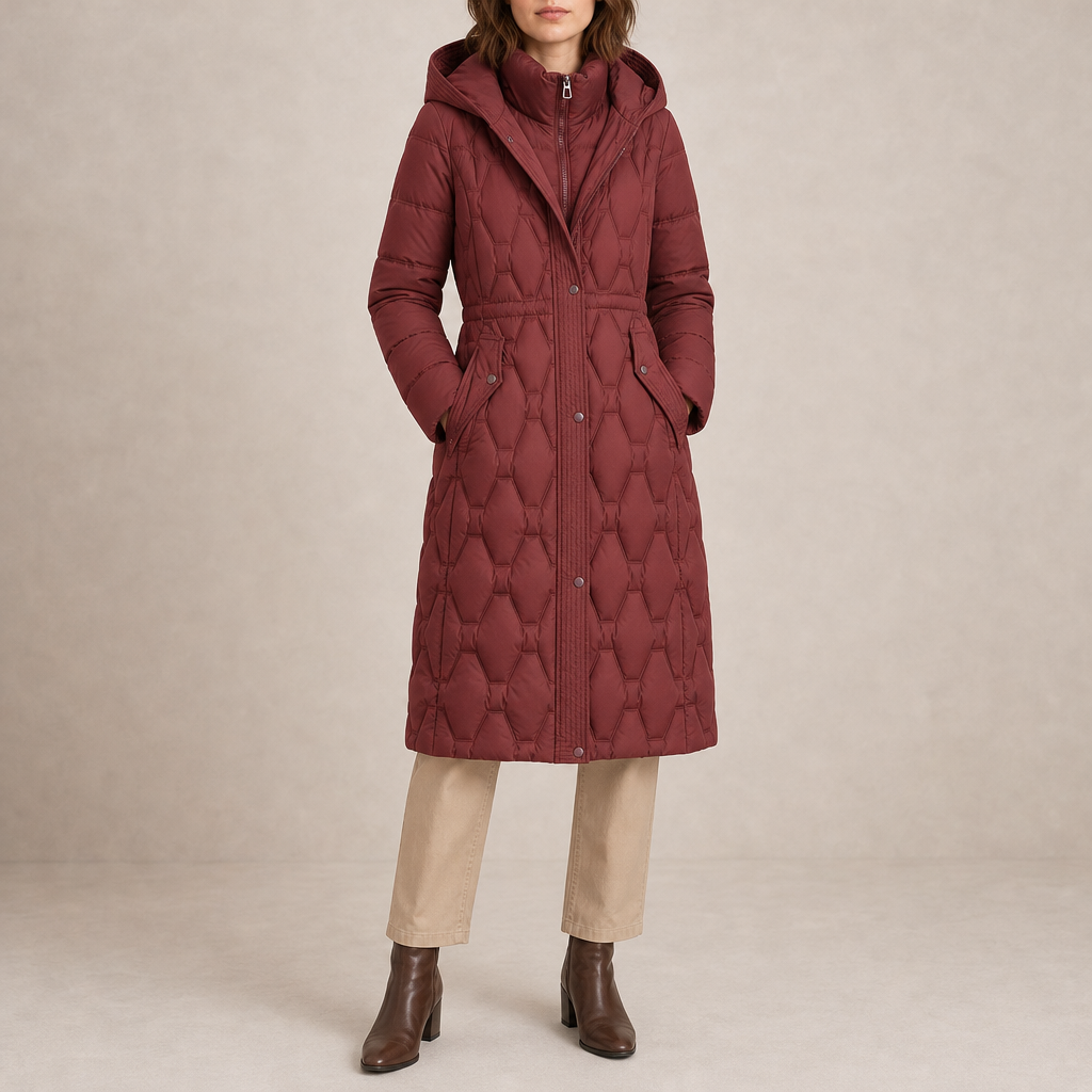 Larnaca Quilted Longline Hooded Coat in Red