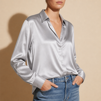 Leros Satin Button-Up Blouse in Silver