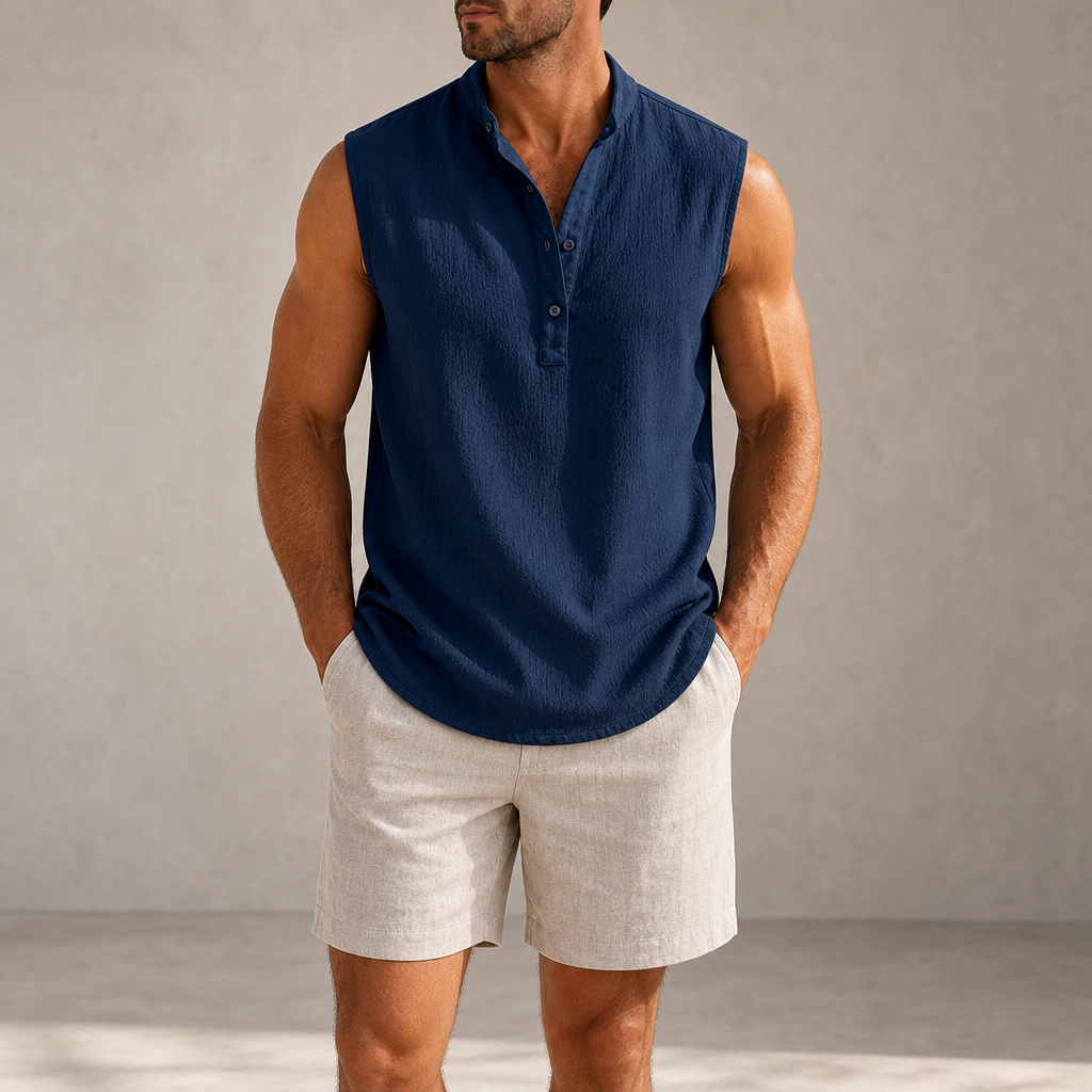 Marsaxlokk Linen Henley Tank Top in Deep Ocean Navy