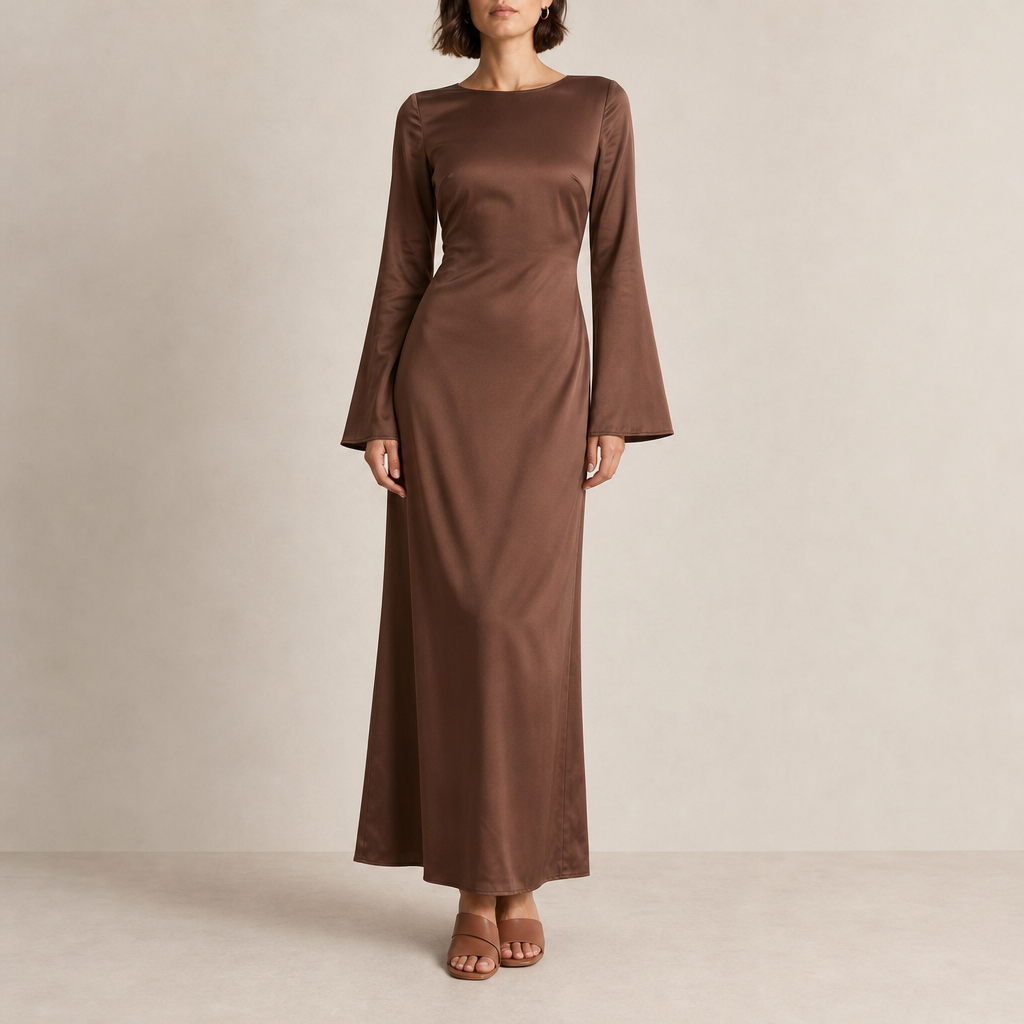 Matera Satin Bell Sleeve Maxi in Brown