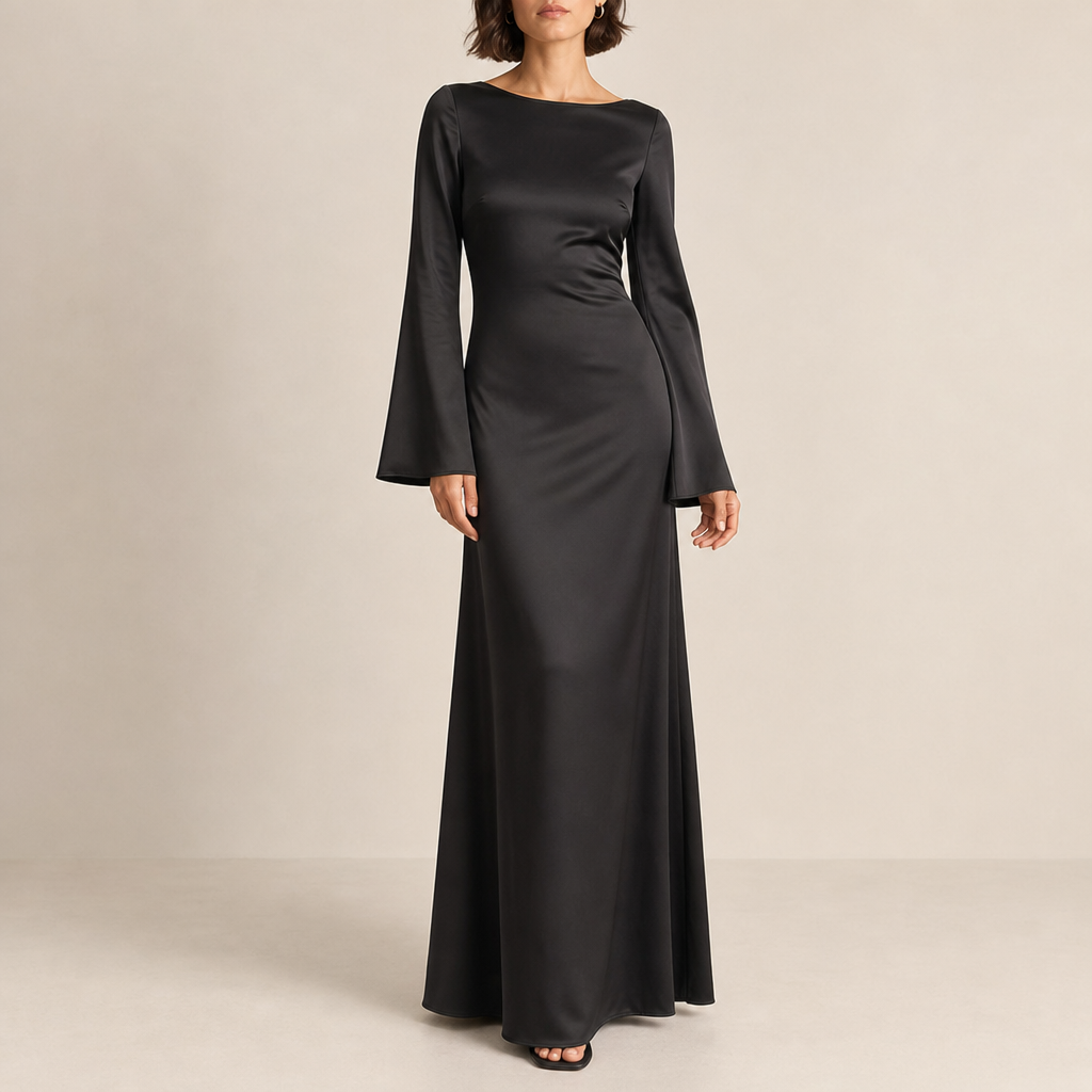 Matera Satin Bell Sleeve Maxi in Black