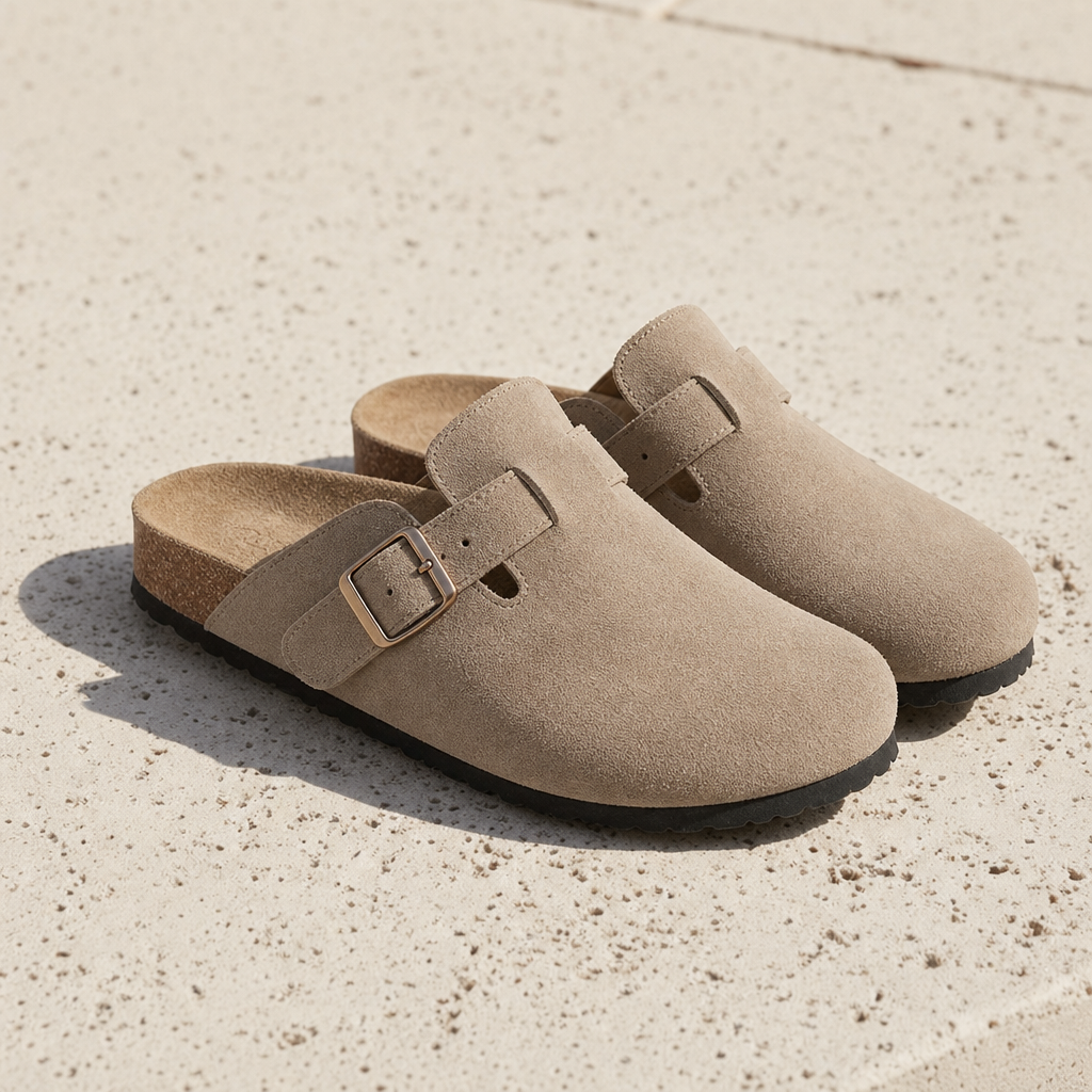 Mdina Suede Buckle Clogs in Beige