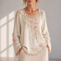 Merida Floral Embroidered Lace Blouse in Beige