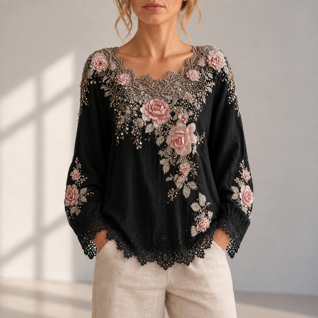 Merida Floral Embroidered Lace Blouse in Black