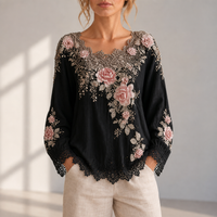 Merida Floral Embroidered Lace Blouse in Black