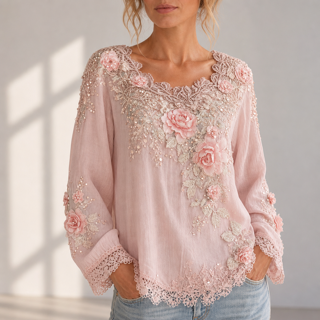 Merida Floral Embroidered Lace Blouse in Pink