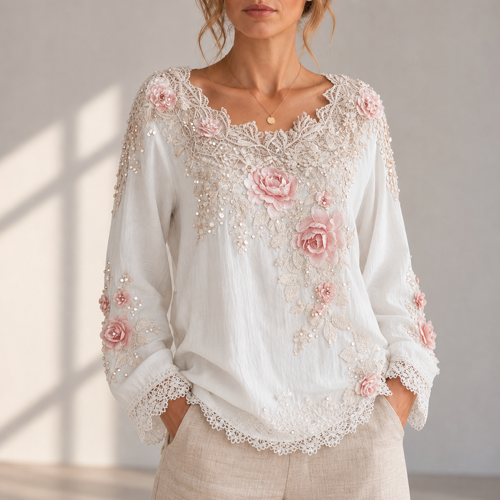 Merida Floral Embroidered Lace Blouse in White