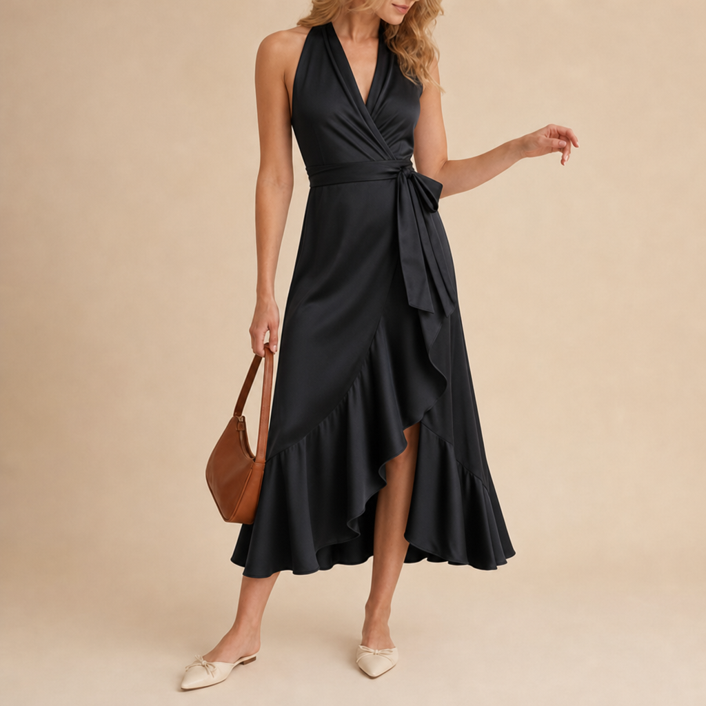Mijas Satin Halterneck Maxi Dress in Black