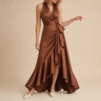 Mijas Satin Halterneck Maxi Dress in Brown