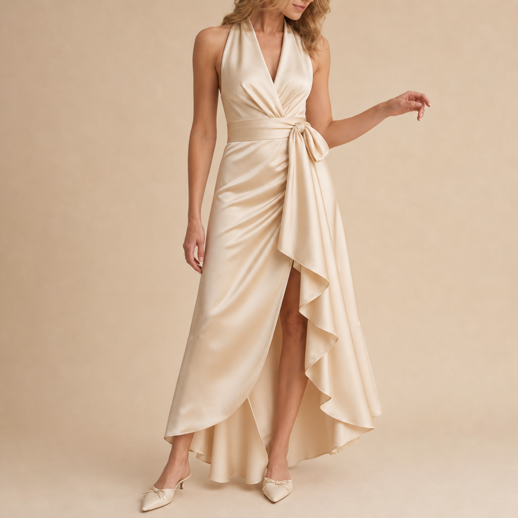 Mijas Satin Halterneck Maxi Dress in Champagne