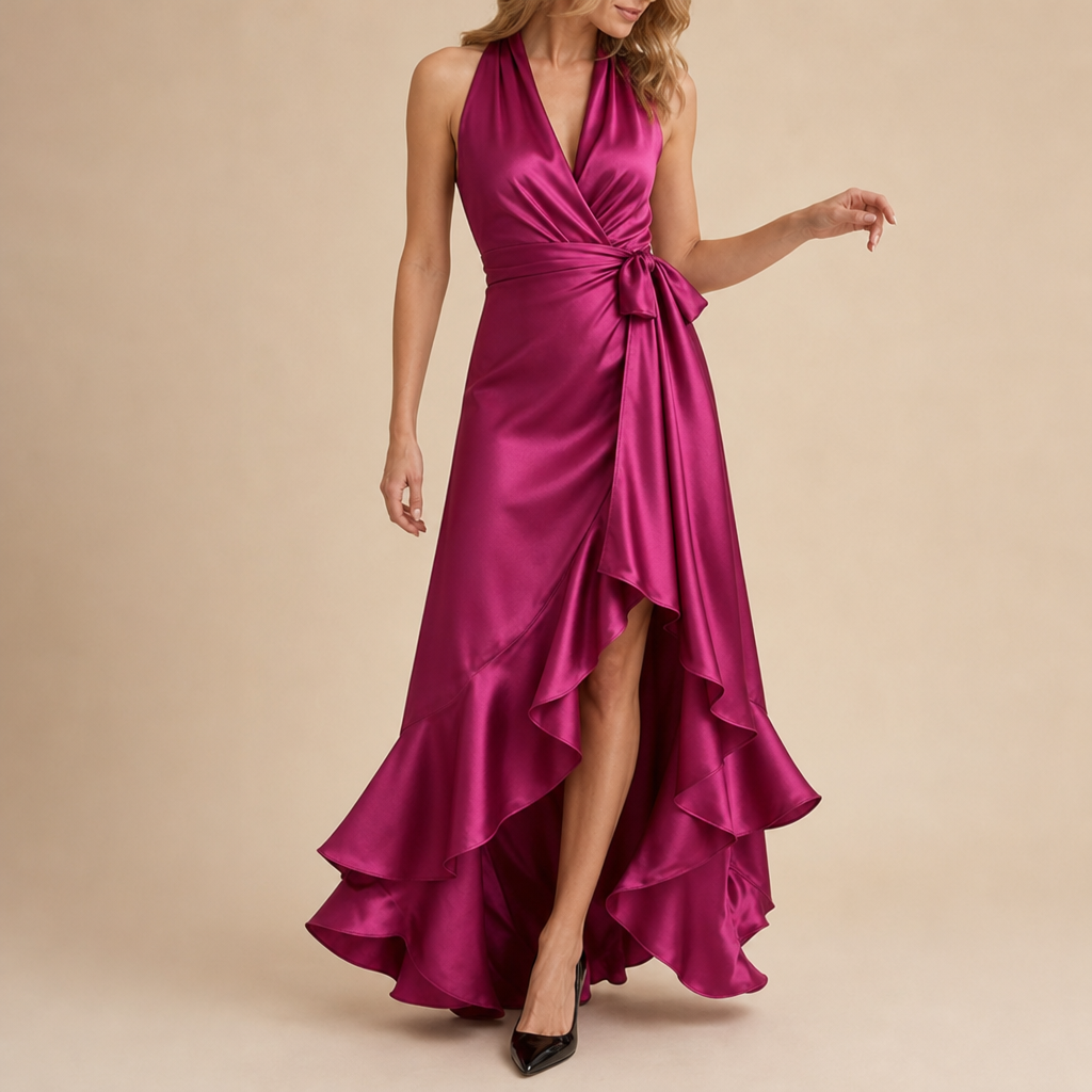 Mijas Satin Halterneck Maxi Dress in Dark Pink