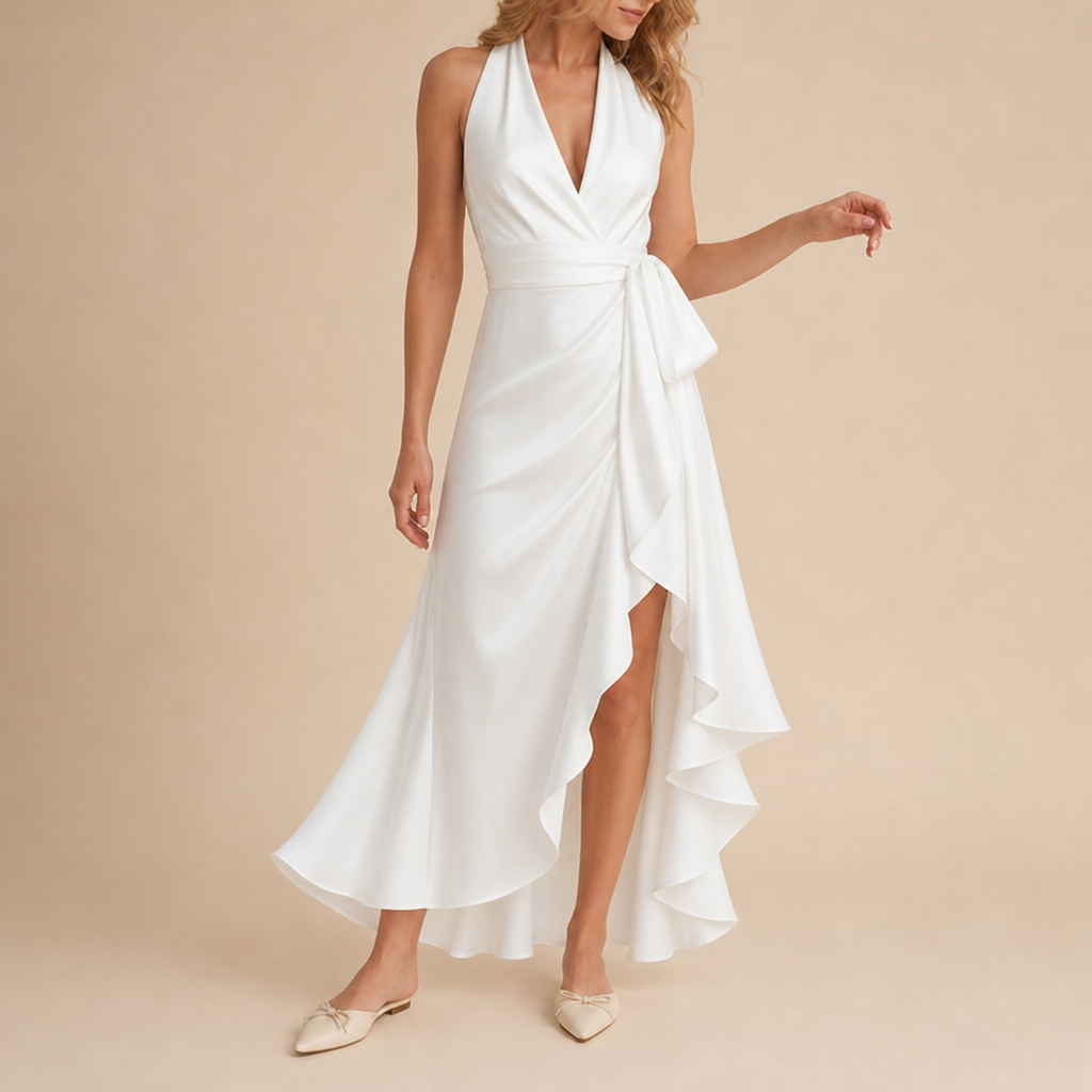 Mijas Satin Halterneck Maxi Dress in White
