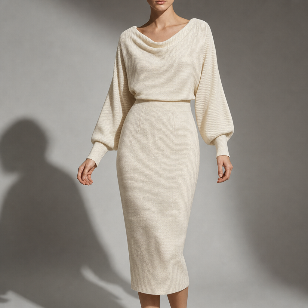 Milos Draped Knit Midi Dress in Beige