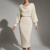 Milos Draped Knit Midi Dress in Beige