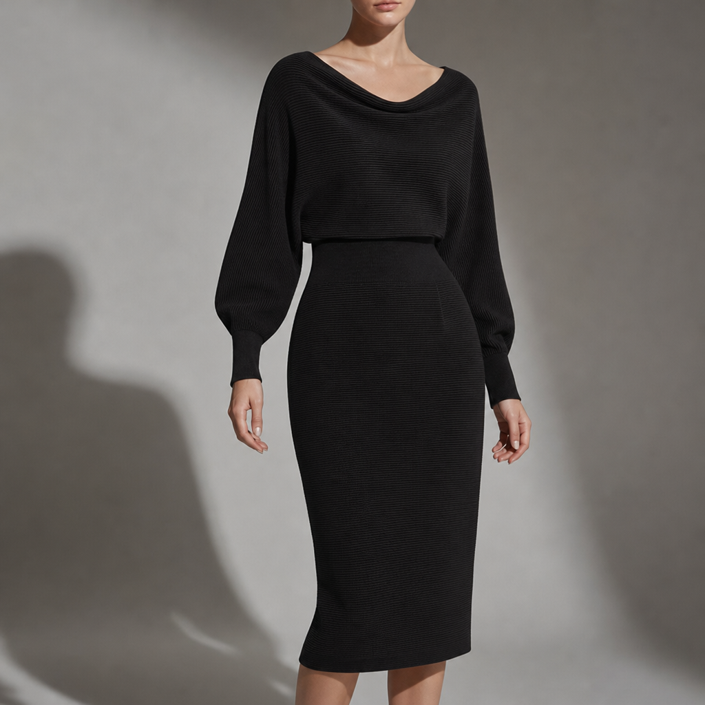 Milos Draped Knit Midi Dress in Black