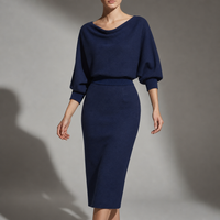 Milos Draped Knit Midi Dress in Navy Blue