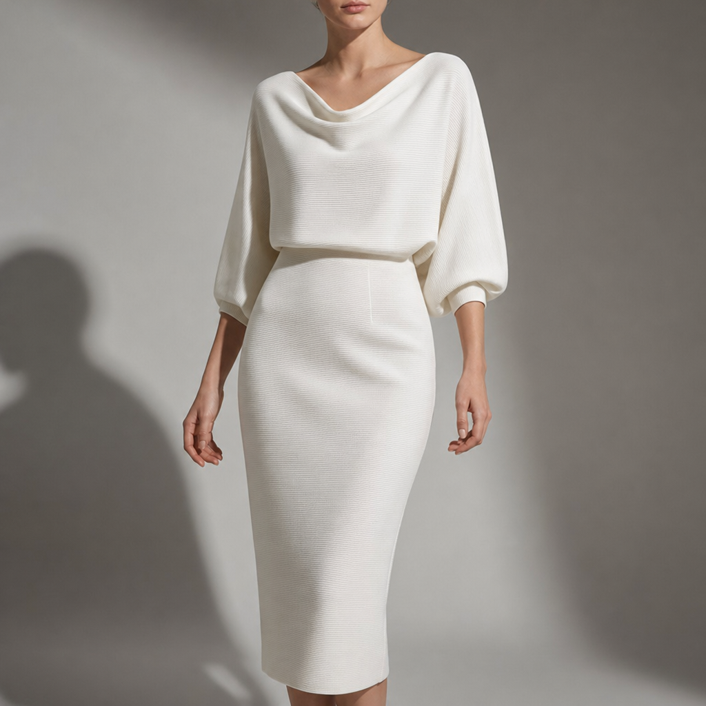 Milos Draped Knit Midi Dress in White