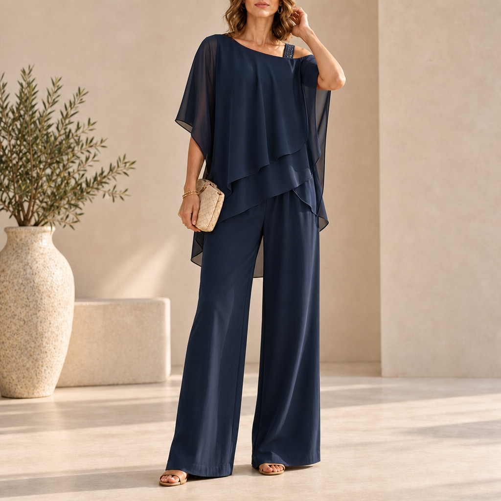 Monsaraz Layered Chiffon Pant Set in Navy Blue