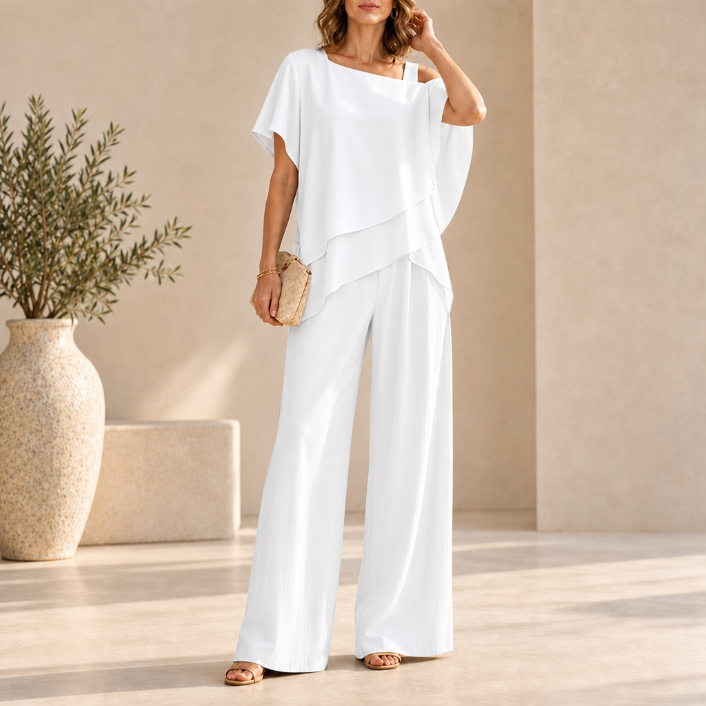 Monsaraz Layered Chiffon Pant Set in White