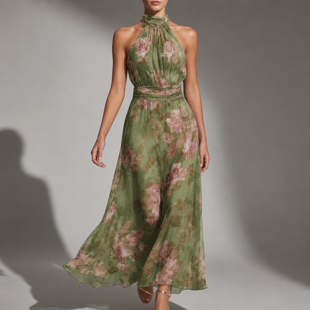 Montalcino Floral Halter Maxi Dress in Green