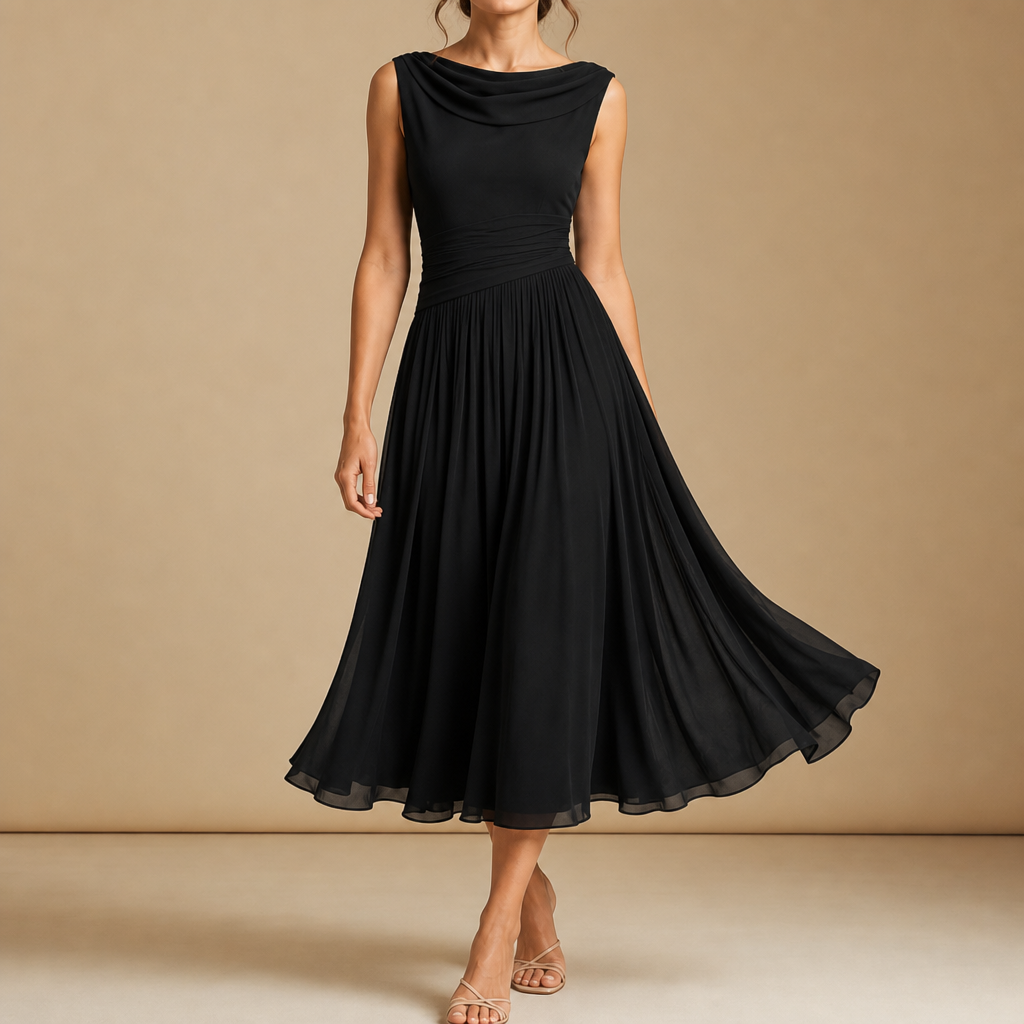 Murcia Pleated Chiffon Midi Dress in Black