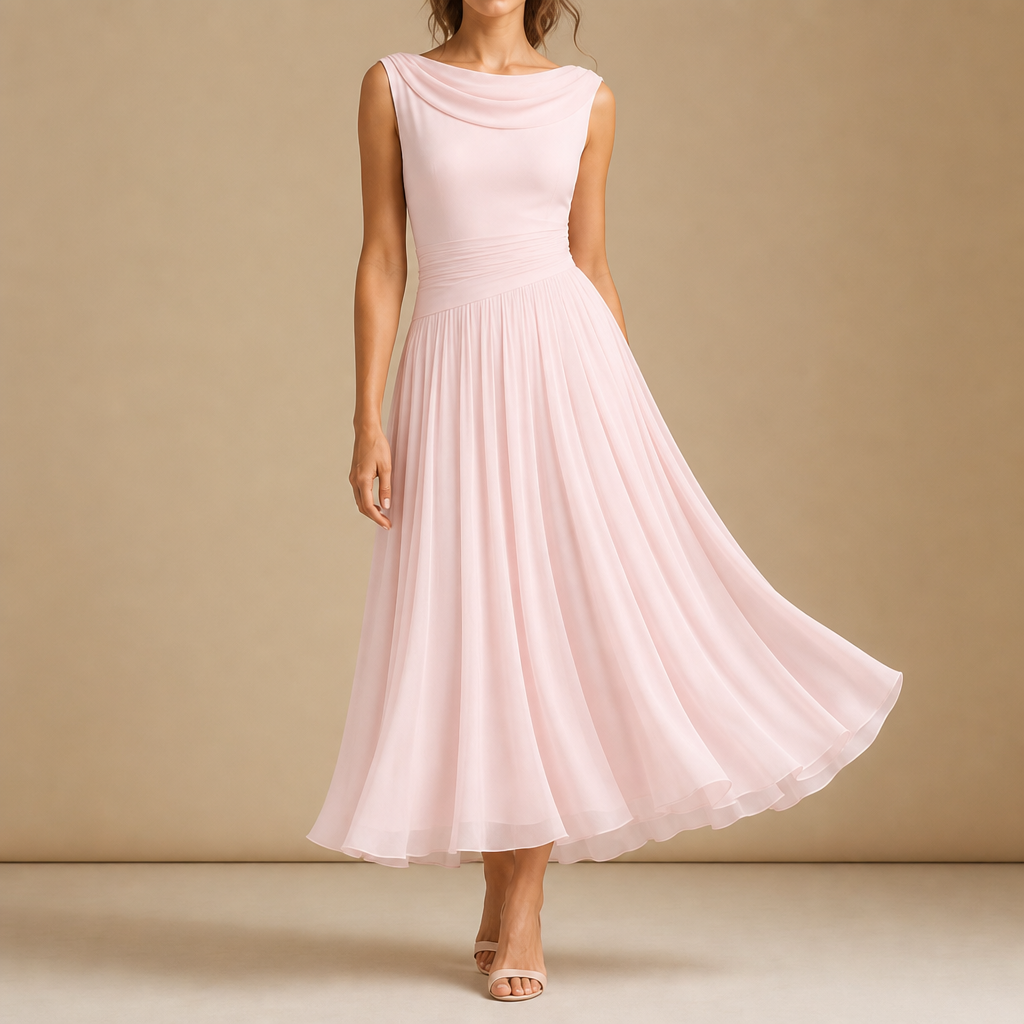 Murcia Pleated Chiffon Midi Dress in Pink