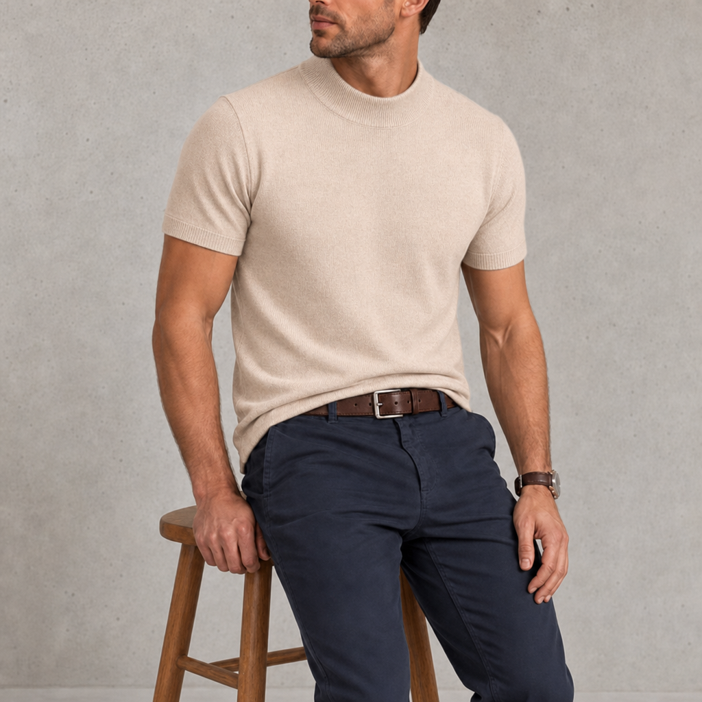 Nazare Cashmere Mock Neck Tee in Ivory Mocha