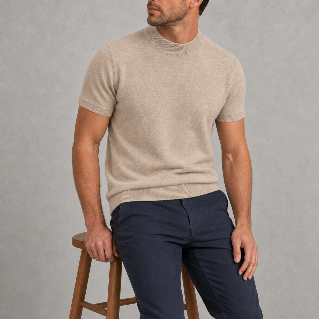 Nazare Cashmere Mock Neck Tee in Light Beige