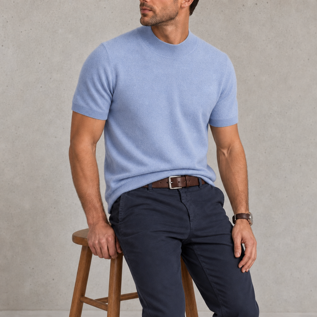 Nazare Cashmere Mock Neck Tee in Light Blue