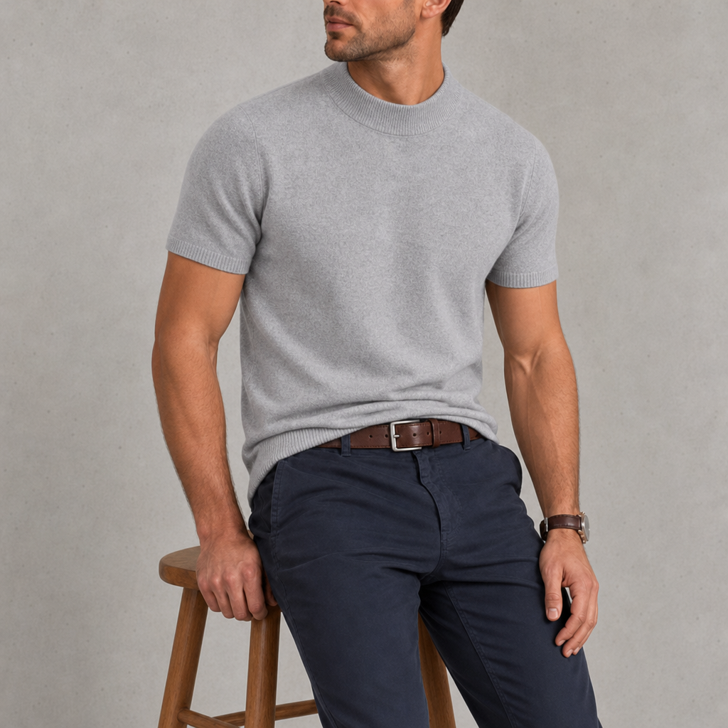Nazare Cashmere Mock Neck Tee in Light Gray