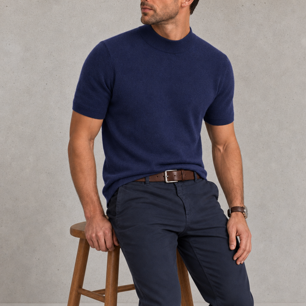 Nazare Cashmere Mock Neck Tee in Navy Blue