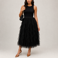 Olhao Layered Tulle Midi Skirt in Black