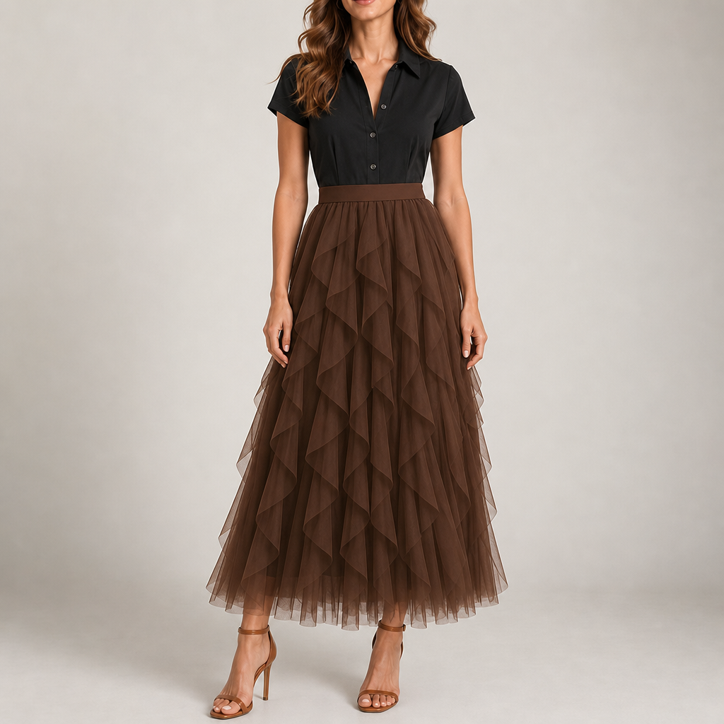 Olhao Layered Tulle Midi Skirt in Brown
