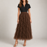 Olhao Layered Tulle Midi Skirt in Brown