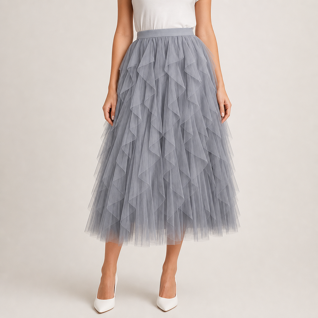Olhao Layered Tulle Midi Skirt in Grey