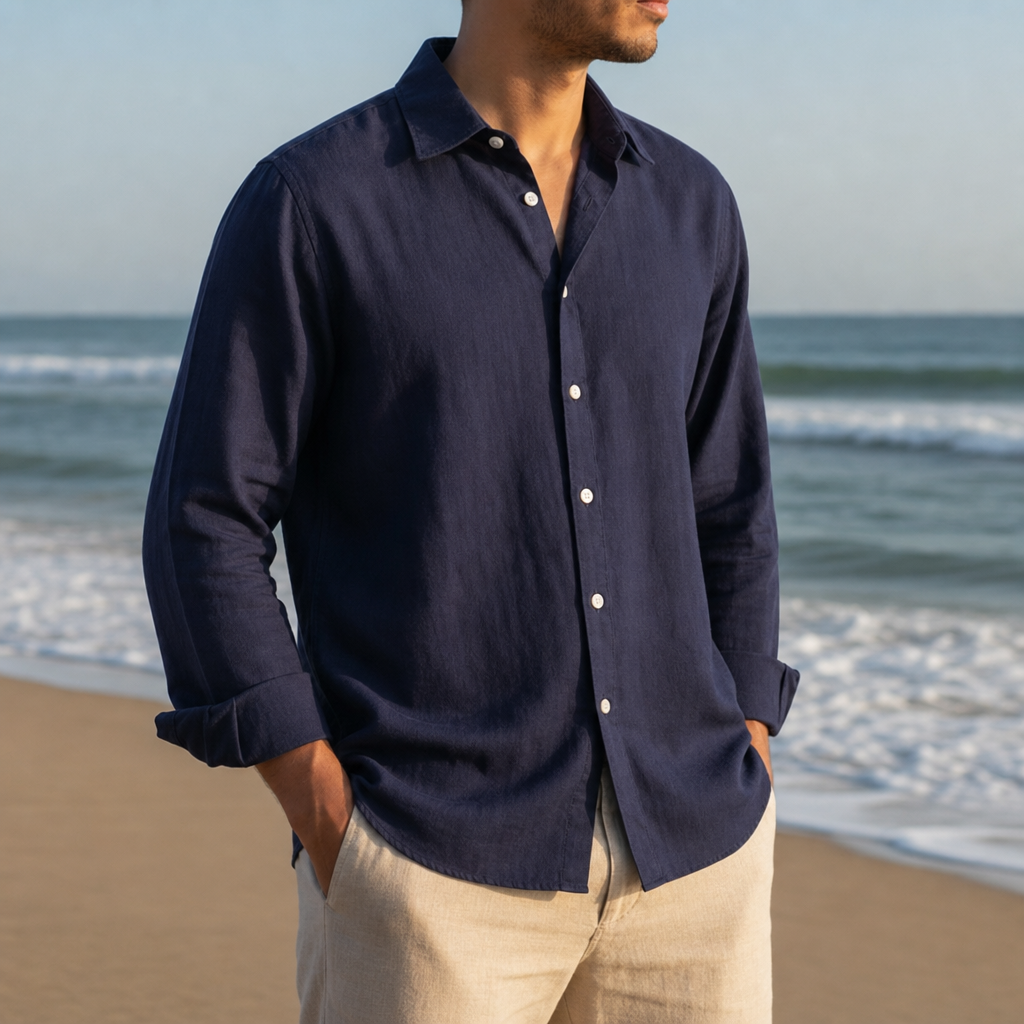 Opatija Linen Button Shirt in Navy
