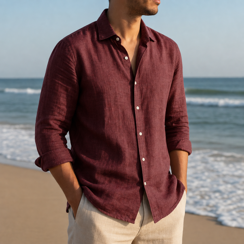 Opatija Linen Button Shirt in Burgundy