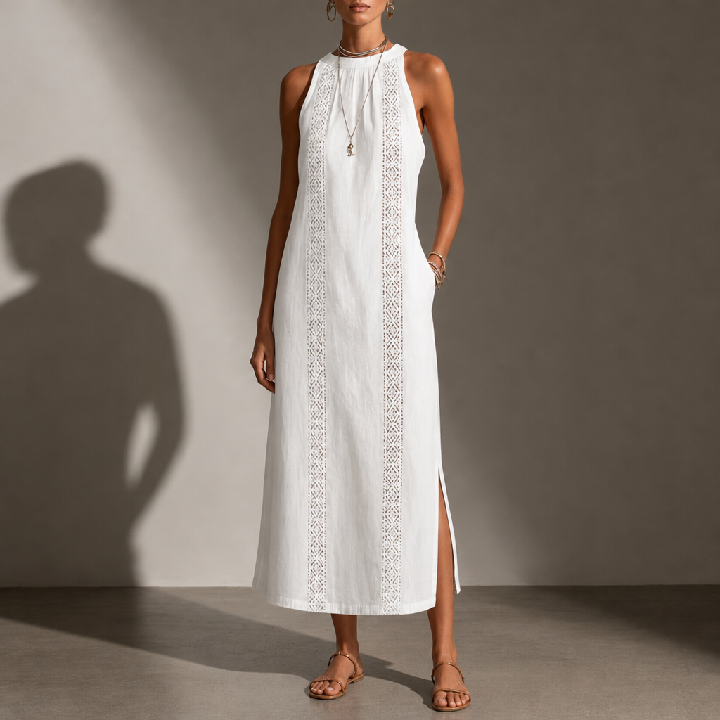 Ostuni Lace Panel Midi Dress in White