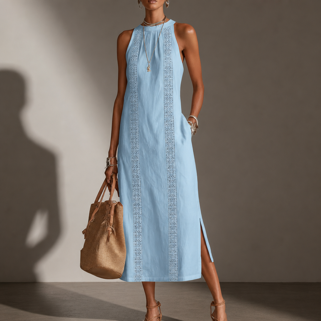 Ostuni Lace Panel Midi Dress in Blue