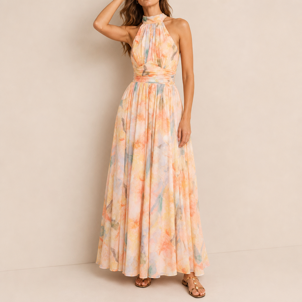 Otranto Floral Halter Maxi Dress in Peach