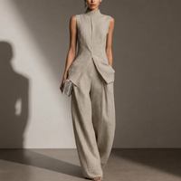 Perugia Linen Mock Neck Pant Set in Beige