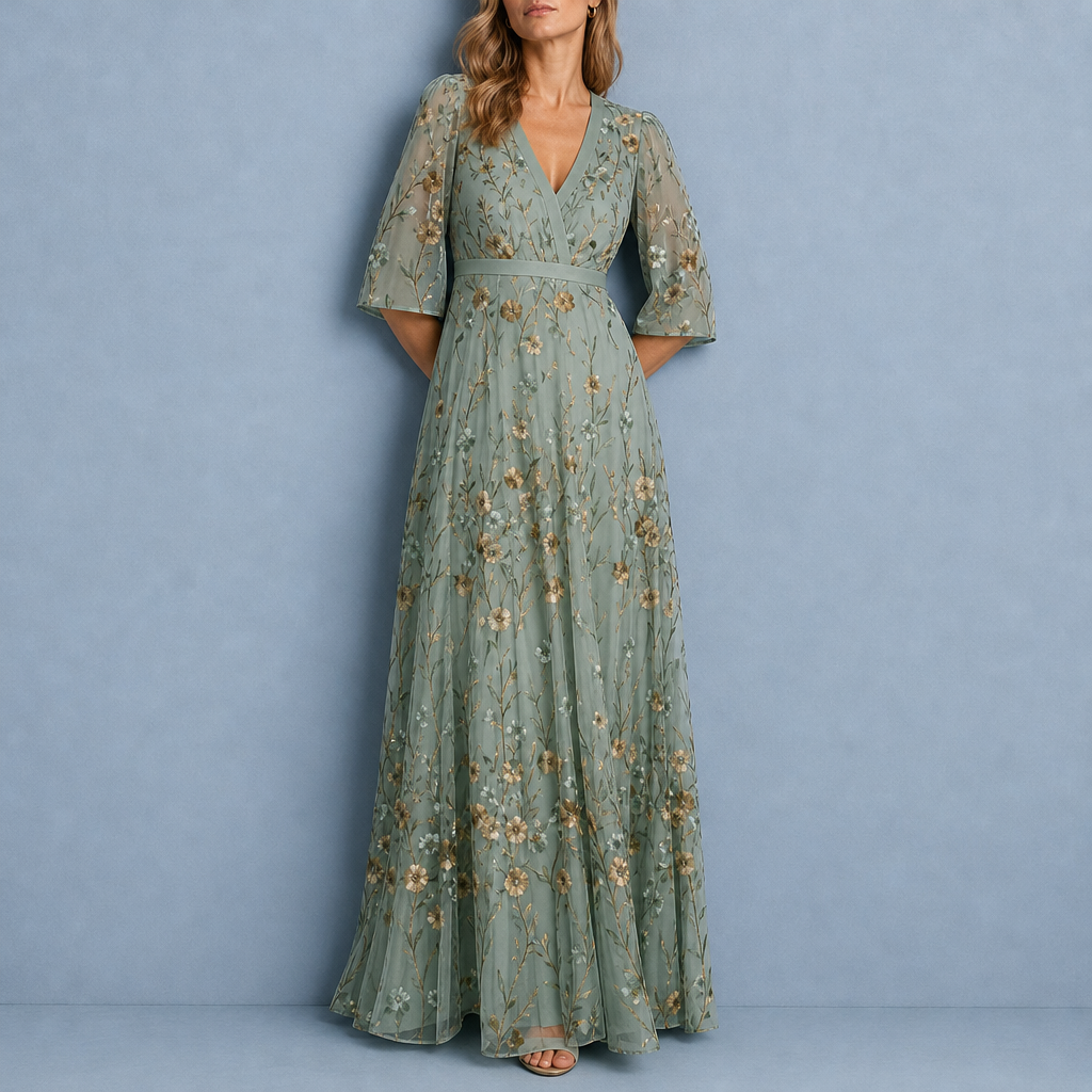 Porec Floral Embroidered Maxi Dress in Sage Green