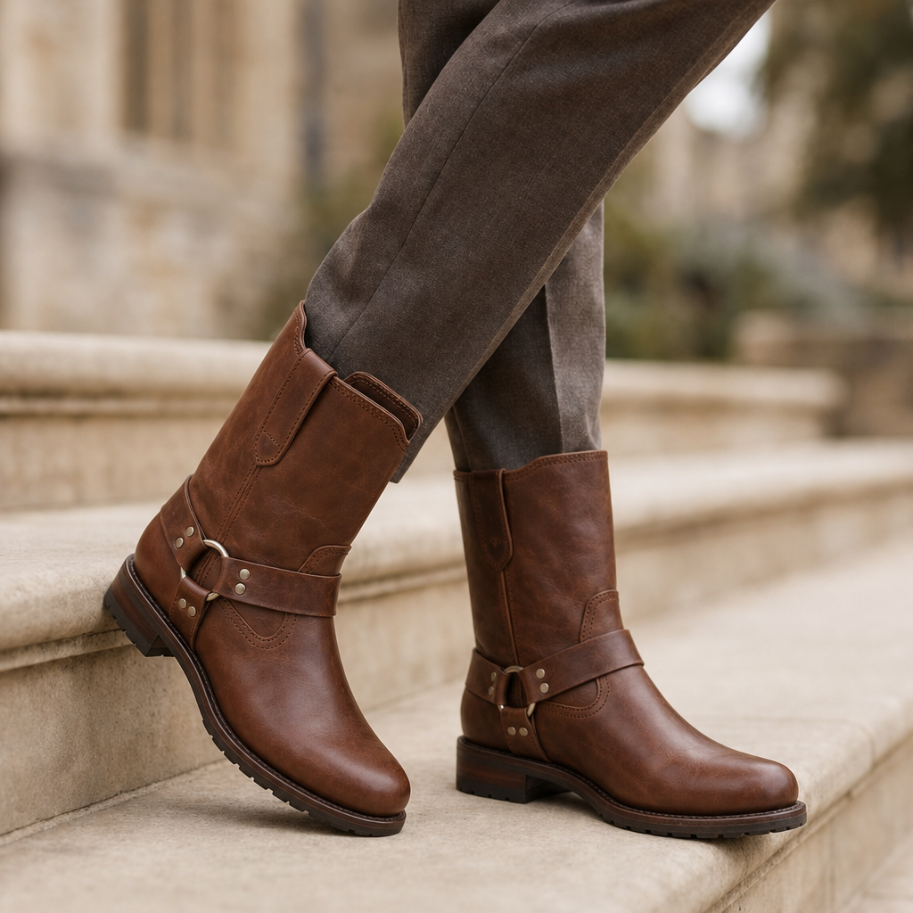 Portofino Leather Harness Boots in Oak Brown