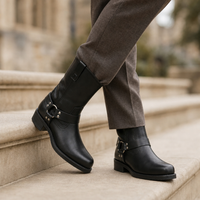 Portofino Leather Harness Boots in Obsidian Black