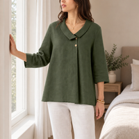Portofino Linen Asymmetric Collar Top in Forest Olive