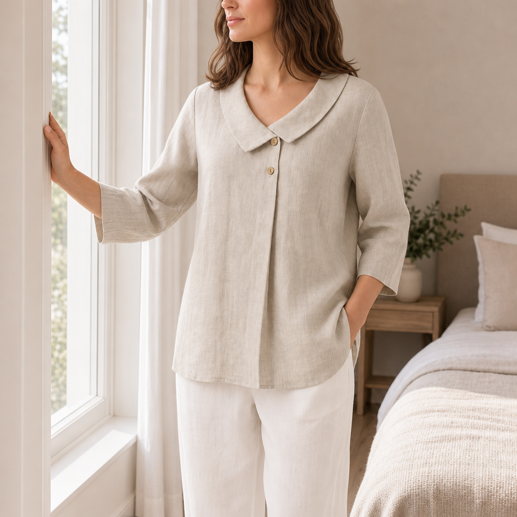 Portofino Linen Asymmetric Collar Top in Natural Melange