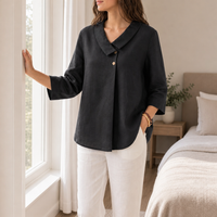 Portofino Linen Asymmetric Collar Top in Charcoal Black
